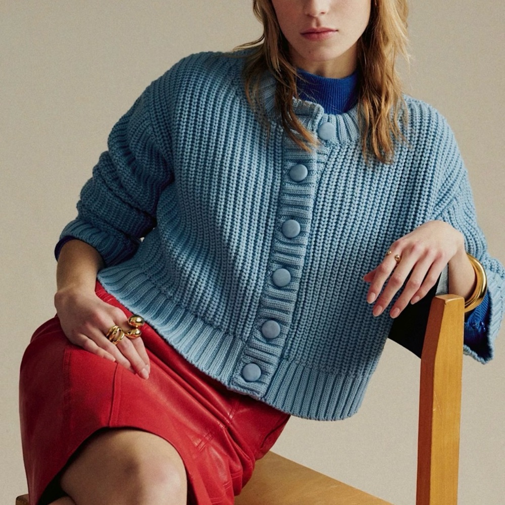 Sezane Paolo Chunky Light Blue Rib Knit Button Cardigan - Picture 2 of 8